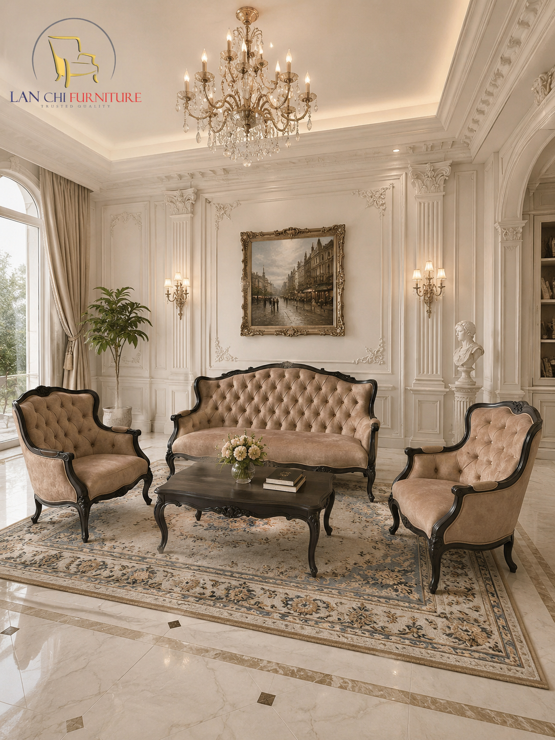 BỘ SOFA CỔ ĐIỂN LOUIS 15- CHẠM BÔNG HỒNG BỌC VẢI NHUNG